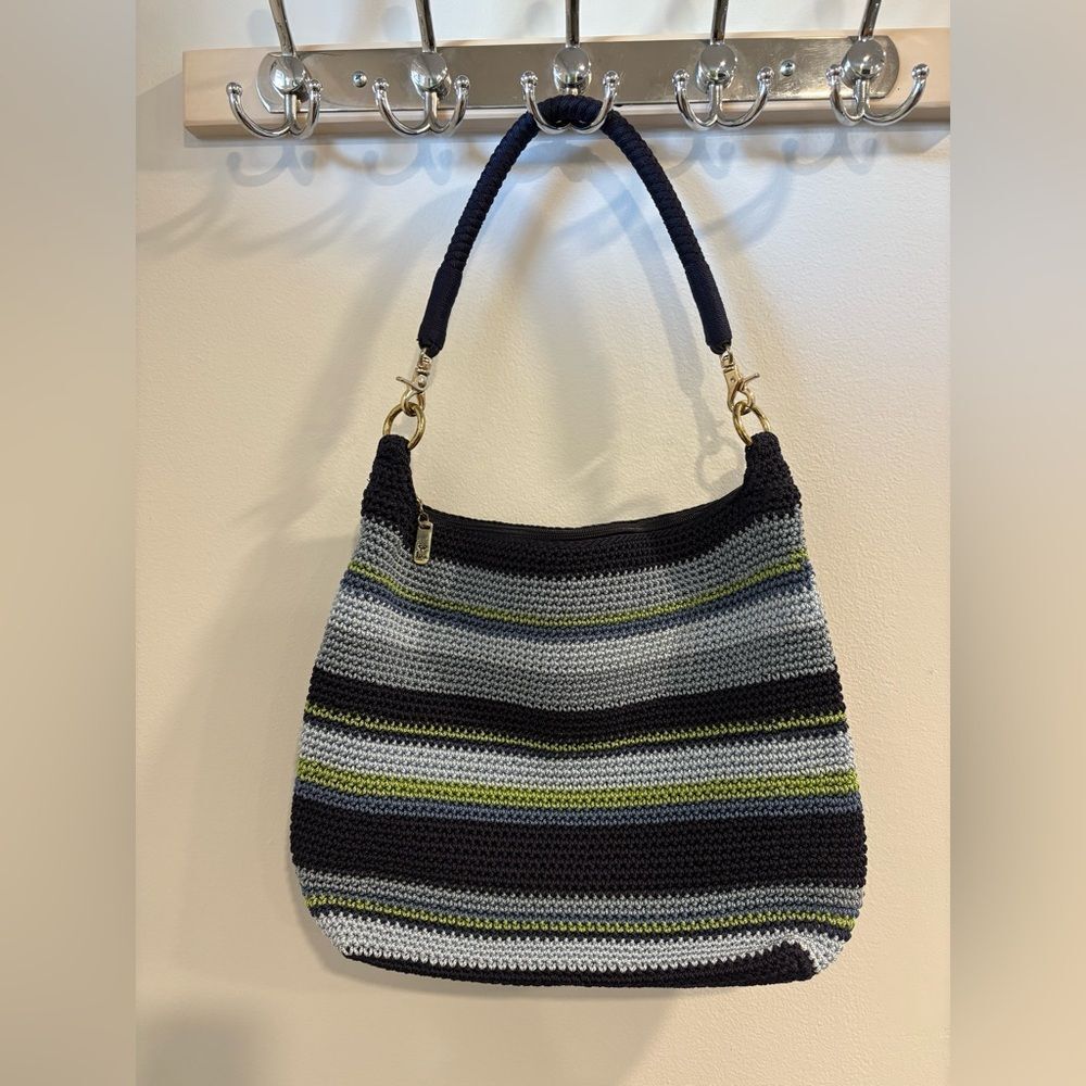 Lina Striped Crochet Shoulder Bag in Navy Blue, Gray and Green